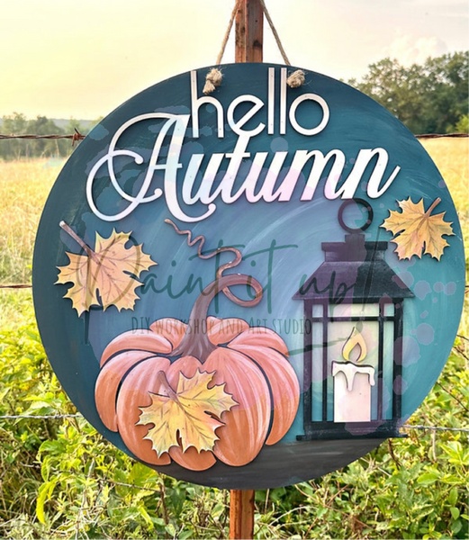 Hello Autumn Lantern Wooden Door Hanger