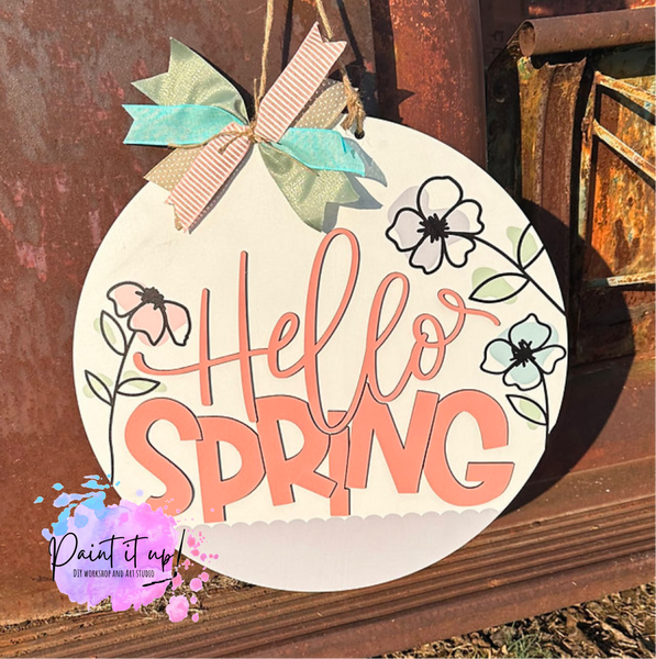 Hello Spring Pastel Flowers Wooden Door Hanger