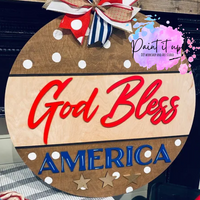 God Bless America Round Wooden Door Hanger