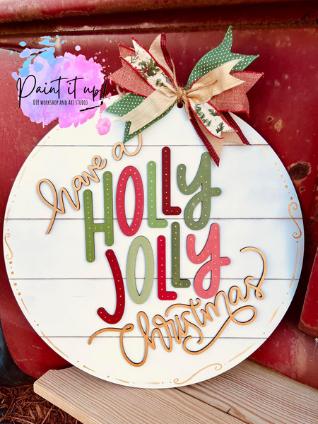 Holly Jolly Christmas Wooden Door Hanger