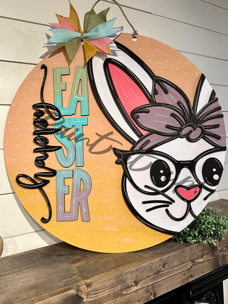 Happy Easter Bunny Glasses Wooden Door Hanger