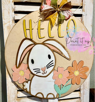Hello Bunny & Flowers Wooden Door Hanger