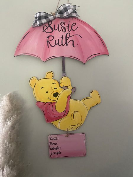 Pooh with Umbrella Hospital Wooden Door Hanger