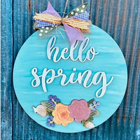 Hello Spring Flowers Wooden Door Hanger